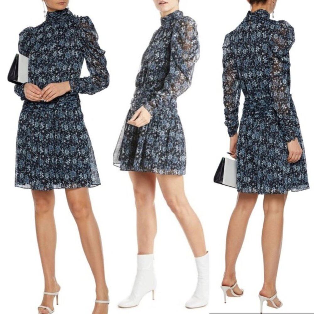 Monique Lhuillier Anthropologie Ruched Floral Dress Blue Size 6